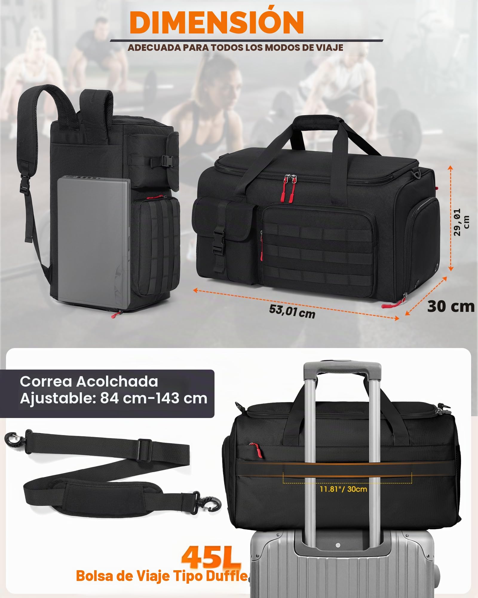 RAINSMORE 3 EN 1 Bolsa Deporte Gimnasio Hombre Mujer Bolsa de Viaje Grande 45L Mochila Función con Compartimento Zapatos y Humeda