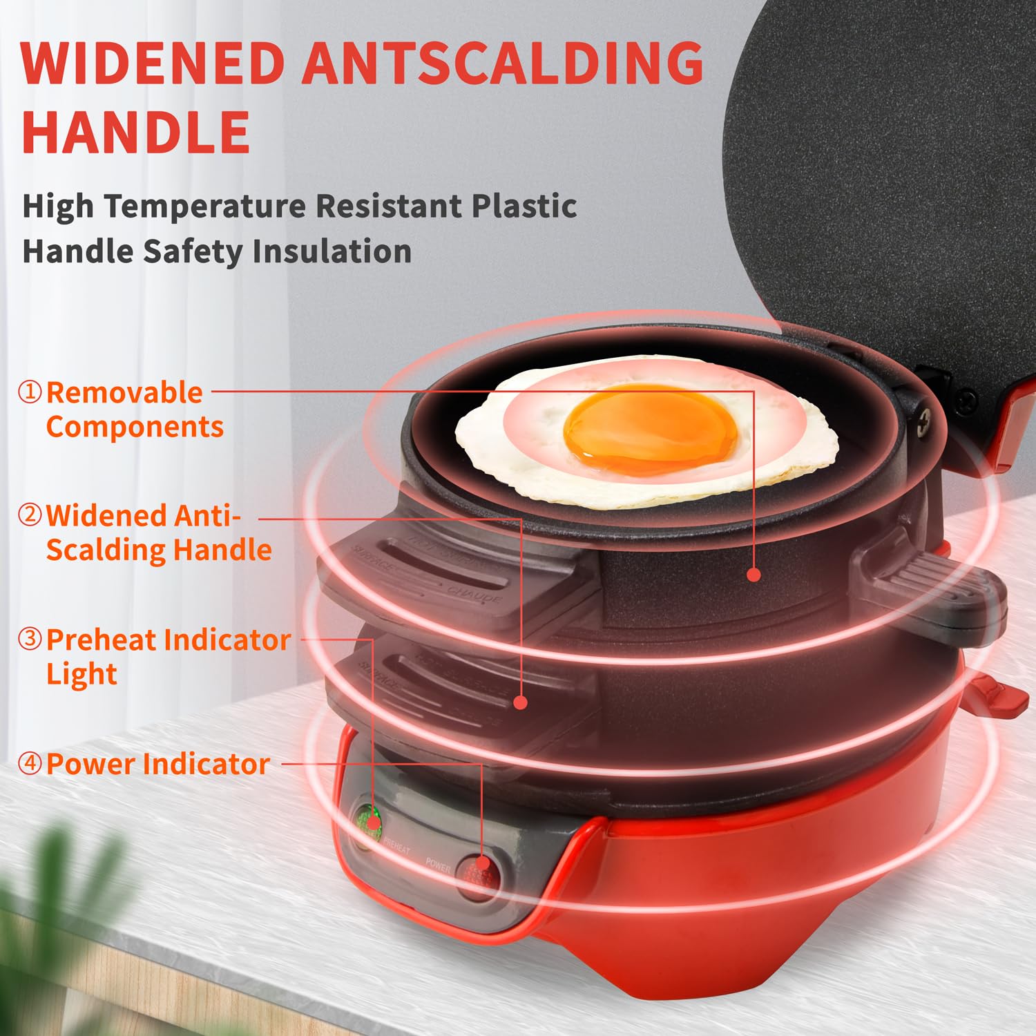 HENYEER Sandwich Toaster Burger Maker, con anelli per uova e timer, efficienti piastre riscaldanti antiaderenti con rivestimento in ceramica antiaderente, perfette per hamburger, etc (Rosso)