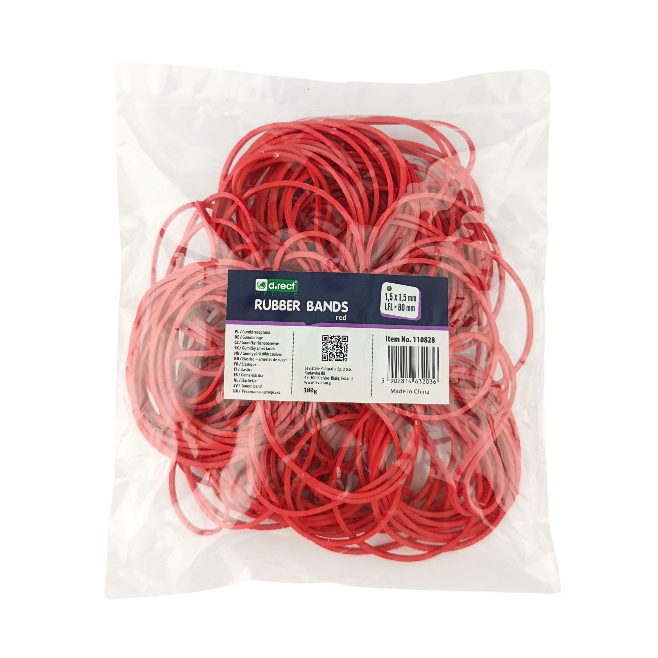 D.RECT - Elastic Band | 100 g Bag | Rubber Ring | Size: 1.5 x 1.5 mm 1/2 Circumference 80 mm | Perfect for Household and Office | Reusable | Very Durable | Red
