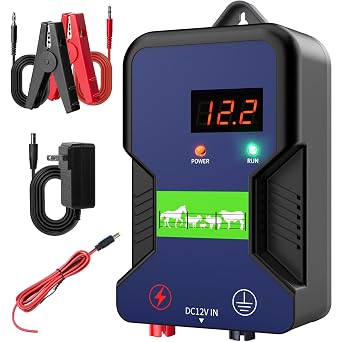 9.32 MilesElectric Fence Charger, 2J Energy Output 12KV Output Voltage,AC DC Electric Fence Energizer with LED Display for Preventing Wild Animals Intruding Great for Gardens,Poultry