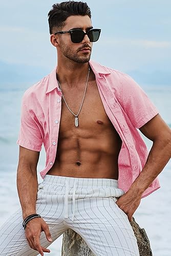 Miniatura 80 de JMIERR Camisas de vestir a rayas con botones y manga corta para hombre