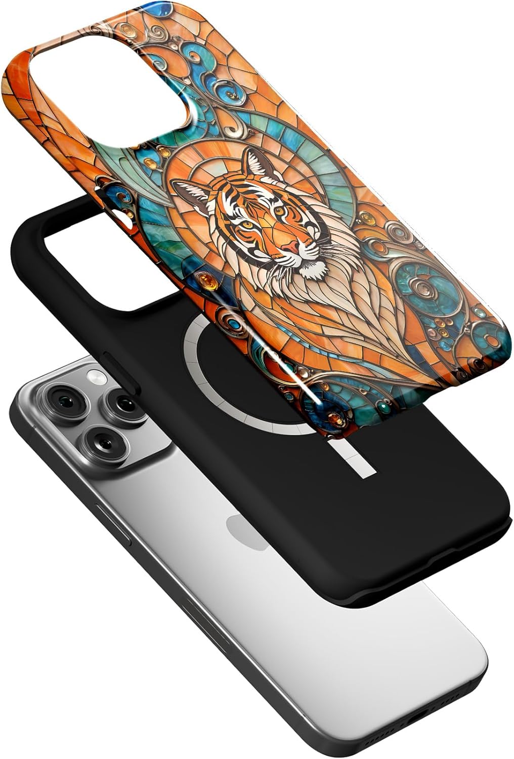 for iPhone 16,15,14,13,12 Plus Pro Max Mini Phone Case | Stained Glass Animals | MagSafe Compatible | Hard Outer Shell with Shock Absorbent Inner Layer (Tiger)
