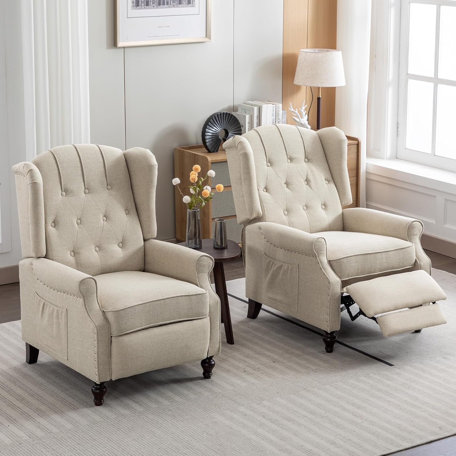 Oprisen Push Back Recliner Mid-Century Modern Accent Chair Reading Chairs Set of 2 Tufted Fabric Arm Chair for Living Room w/Heat Massage/Side Pockets Easy to Assemble (2 PC, Beige)