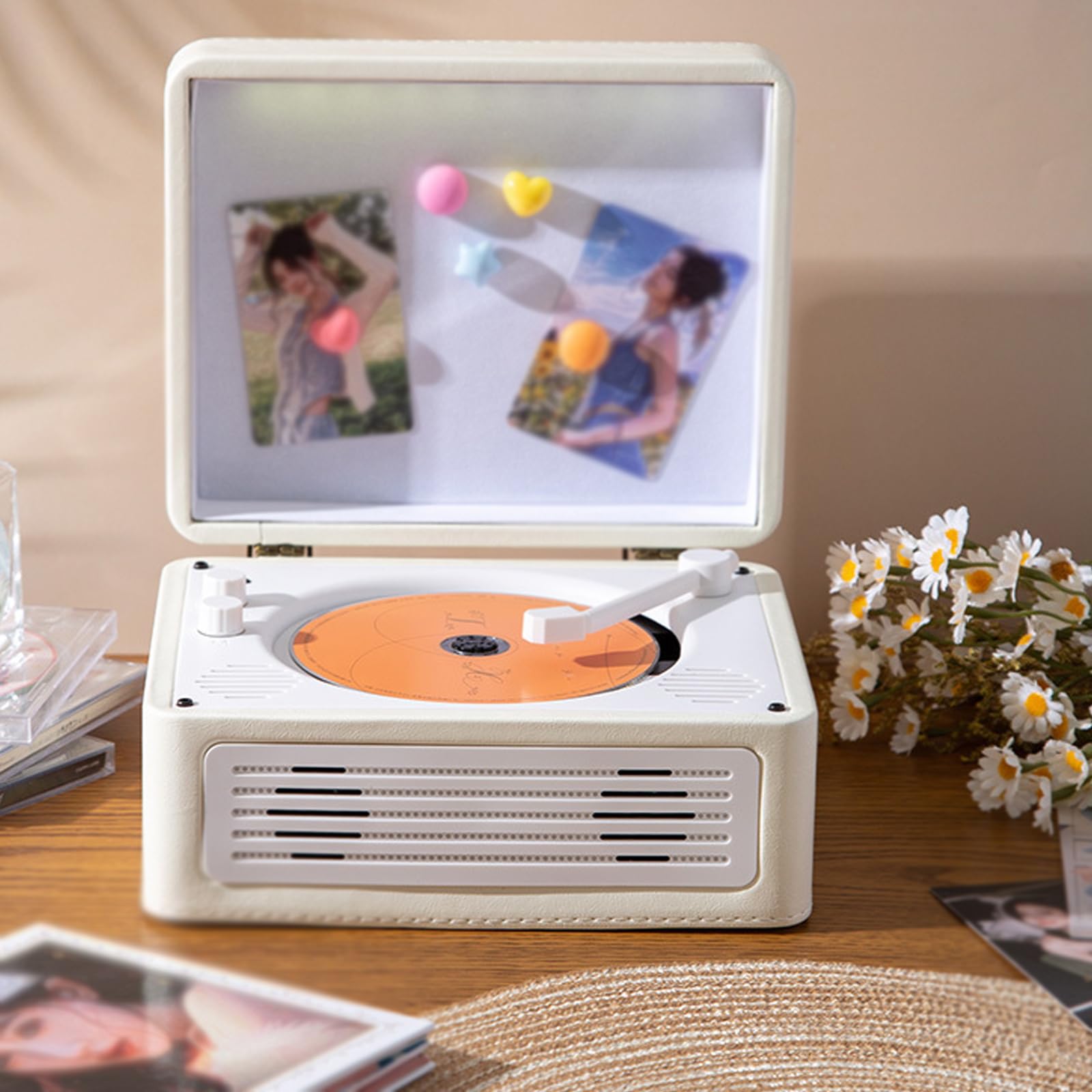 Lettore CD con pannello posteriore magnetico e luce ambientale, doppi altoparlanti integrati, controllo manopola, si collega a cuffie e tablet per la riproduzione di musica