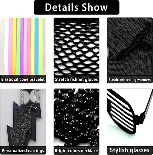 Miniatura 3 de Disfraz mejorado de los años 80 para mujer, conjunto de accesorios de disfraz de fiesta de los años 80 con camiseta, falda tutú, cintura, etc