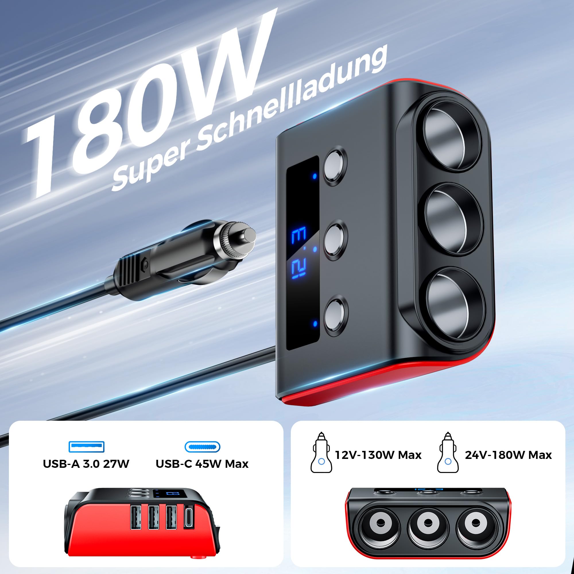 SONRU 180W Zigarettenanzünder Verteiler, 7 in 1 Auto Ladegerät Adapter Kfz, 3 Fach 12V/24V Steckdose mit 45W PD & 3 USB, Autoladegerät Zigarettenanzünder Stecker für iPhone 17/iPad/Dashcam/GPS