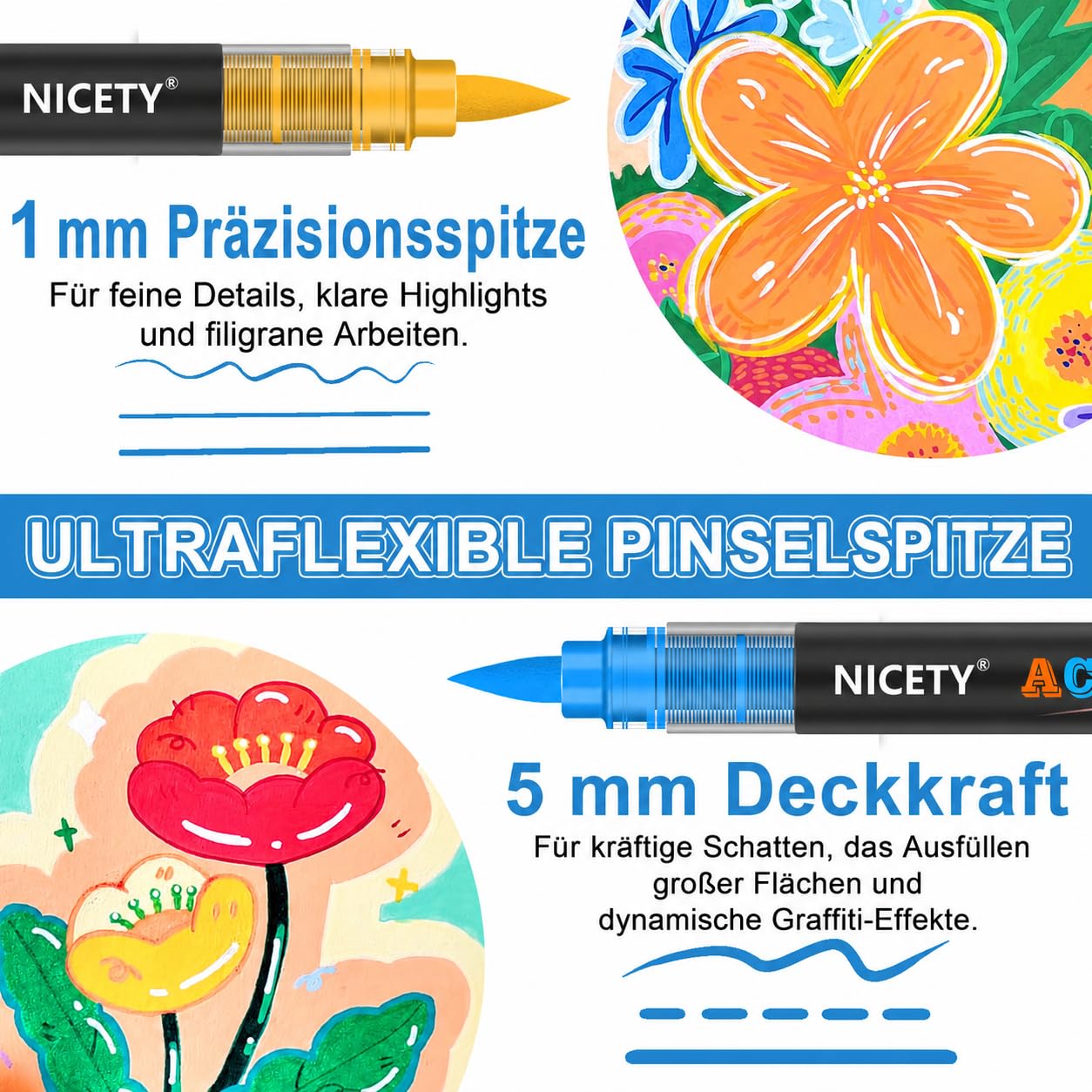 NICETY 264 Acrylstifte für Steine Wasserfest - Pinselspitze Acrylmarker für Steine, Holz, Stoff, Leinwand, Glas, Keramik, 1-6mm Multimarker Acrylfarben Marker Set