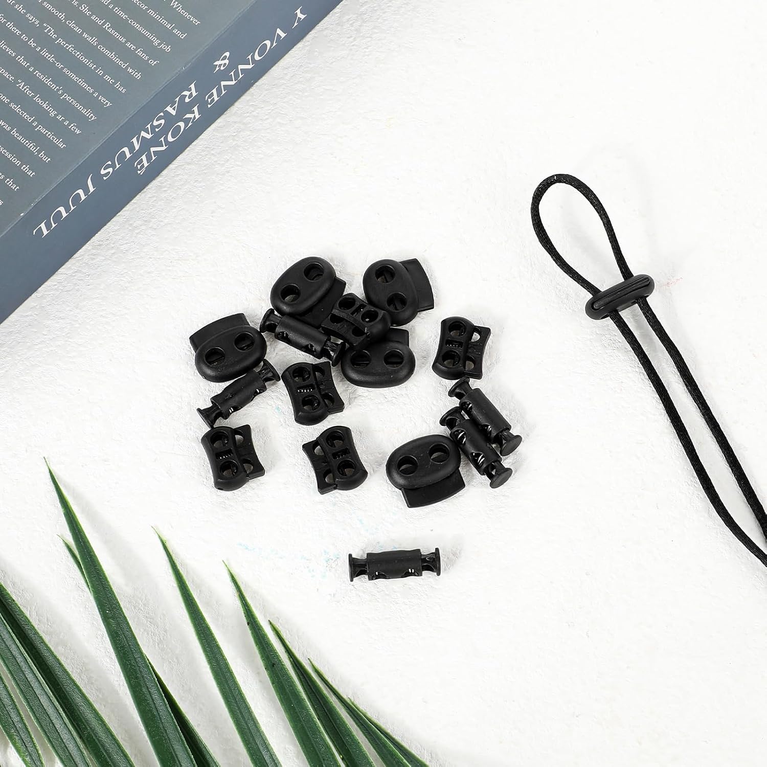 cobee 18 Pcs Locks for Drawstrings, Spring Cord Lock Paracord Accessories, Plastic Cord Double Hole Draw String Clip for Shoelaces Drawstrings Paracord Bags Clothing and More