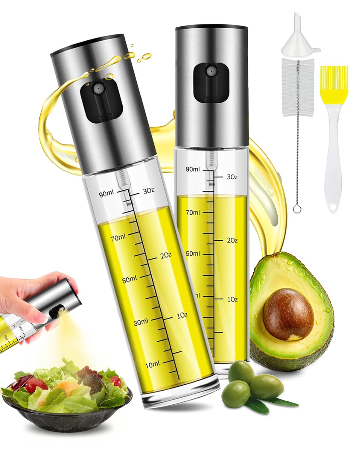 MRUN BONE Ölsprüher für Speiseöl, 2 Stück Sprühflasche Öl, Glas Öl Zerstäuber Küche Ölsprühflasche Heißluftfritteuse,Oil Sprayer mit Skala & Trichter, Ölspray für ÖI & Essig 100% BPA frei