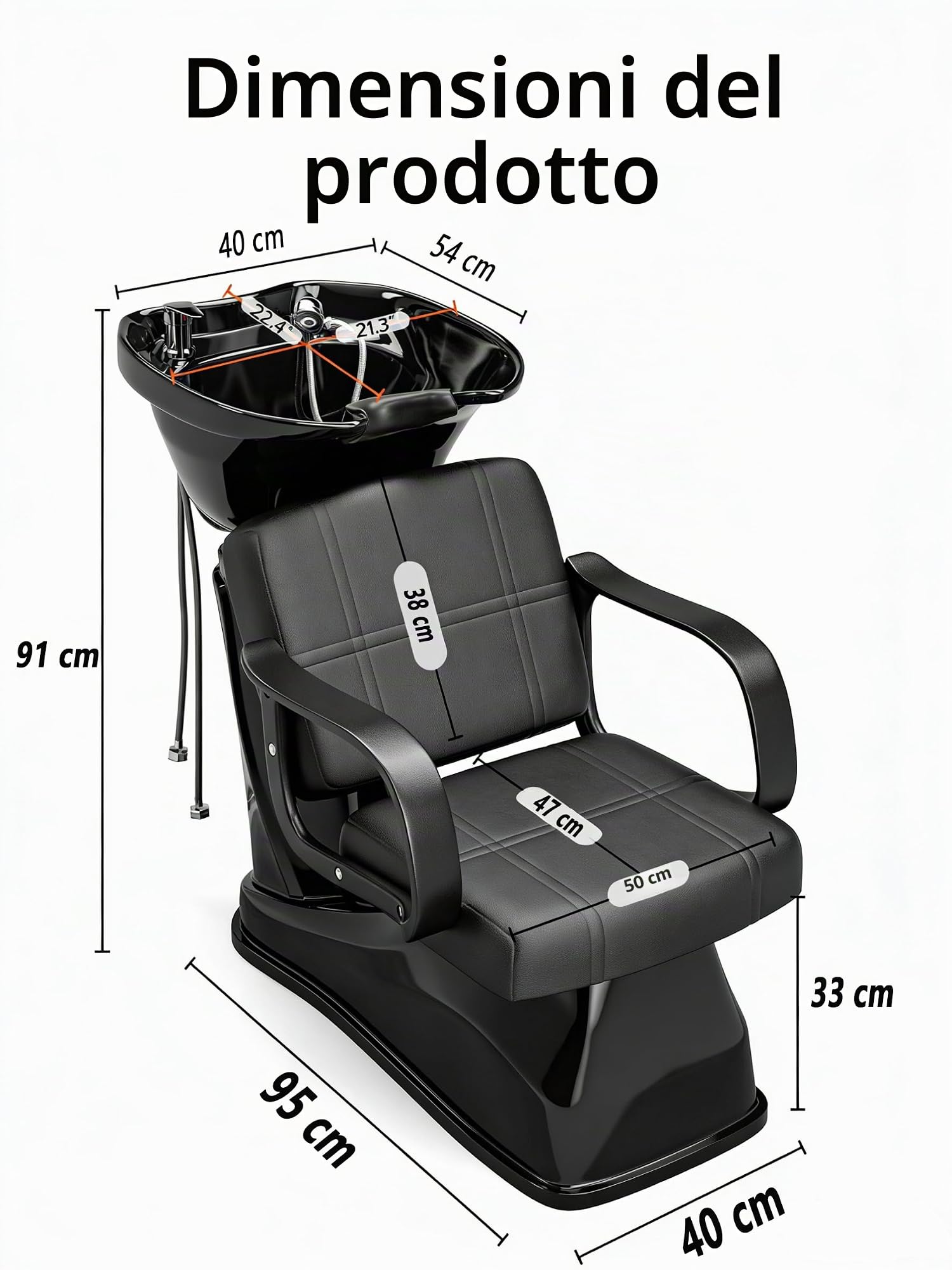 Icoget Sedia professionale per shampoo con bacino in polipropilene regolabile in altezza, lavabo per parrucchieri e barbiere, sedia ergonomica con pelle PU e base in ABS