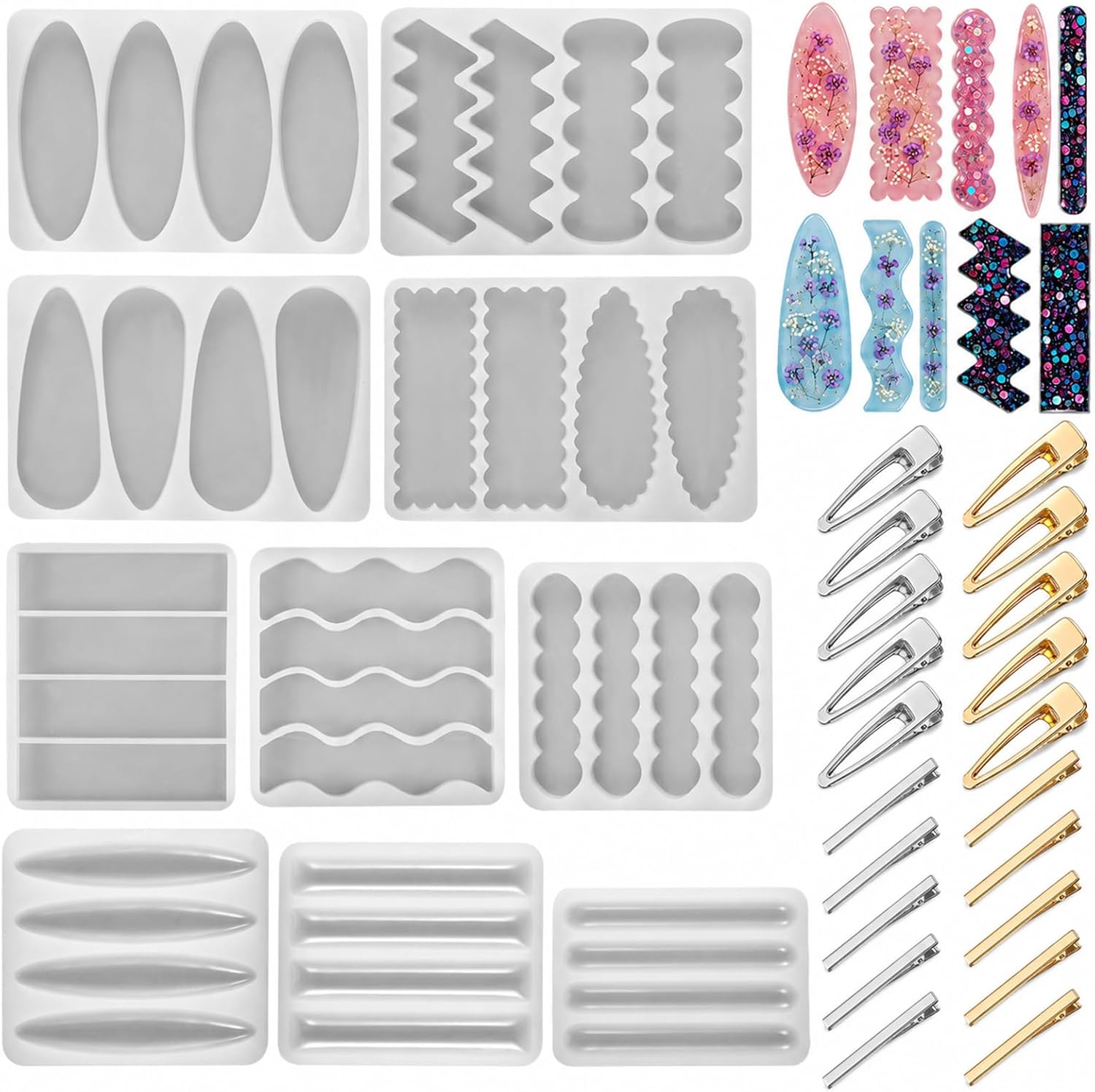 30PCS DIY Hair Clip Jewelry Casting Mold Set, with 10 Thick Hairpin Silicone Molds and 20 Hairclips for Crafts, Hair Clips Molds for Hairpin Making