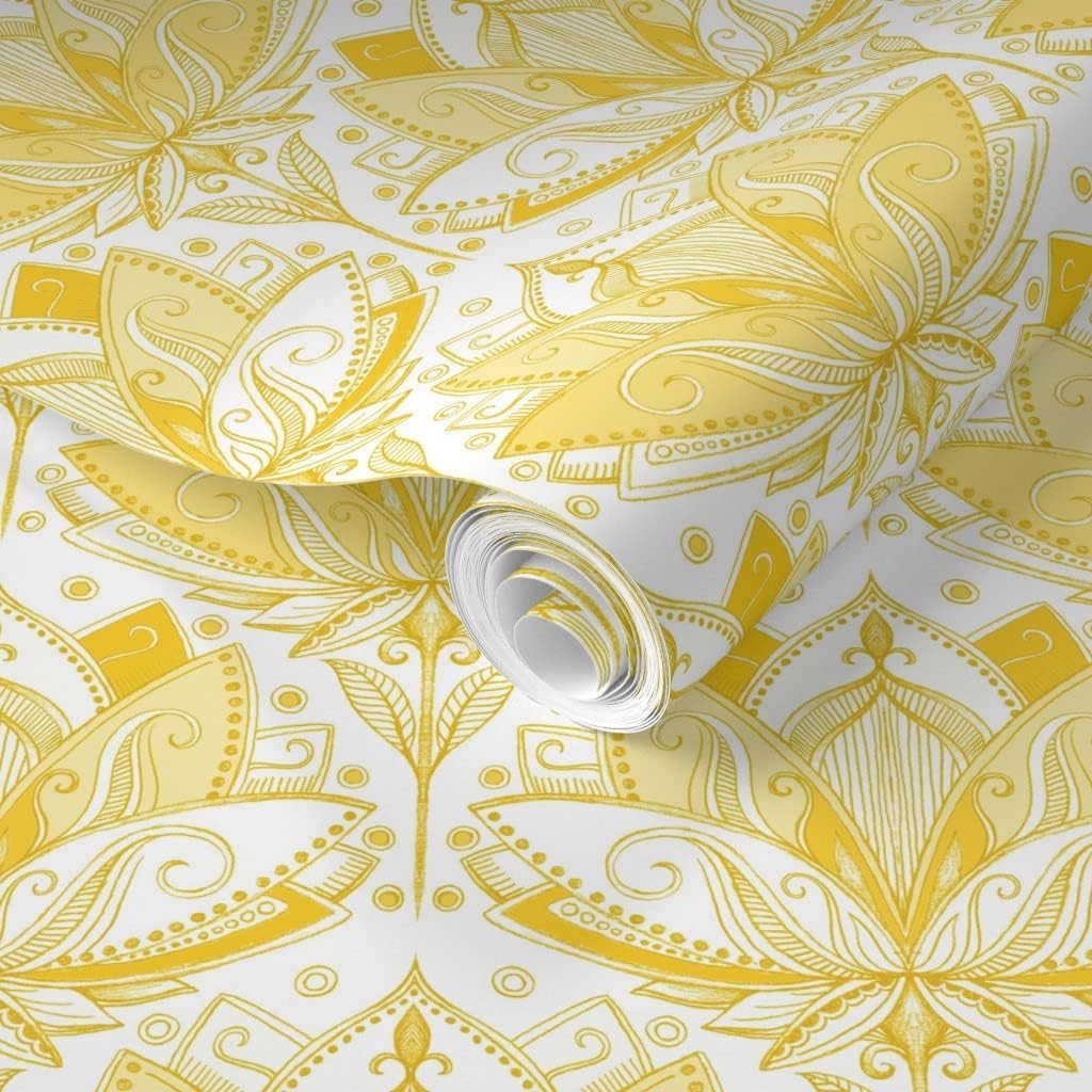 Removable Wallpaper 6ft x 2ft - Warm Golden Yellow Art Nouveau Lotus Lace White Deco Doodle Monochrome Mustard Custom Pre-Pasted Wallpaper by Spoonflower