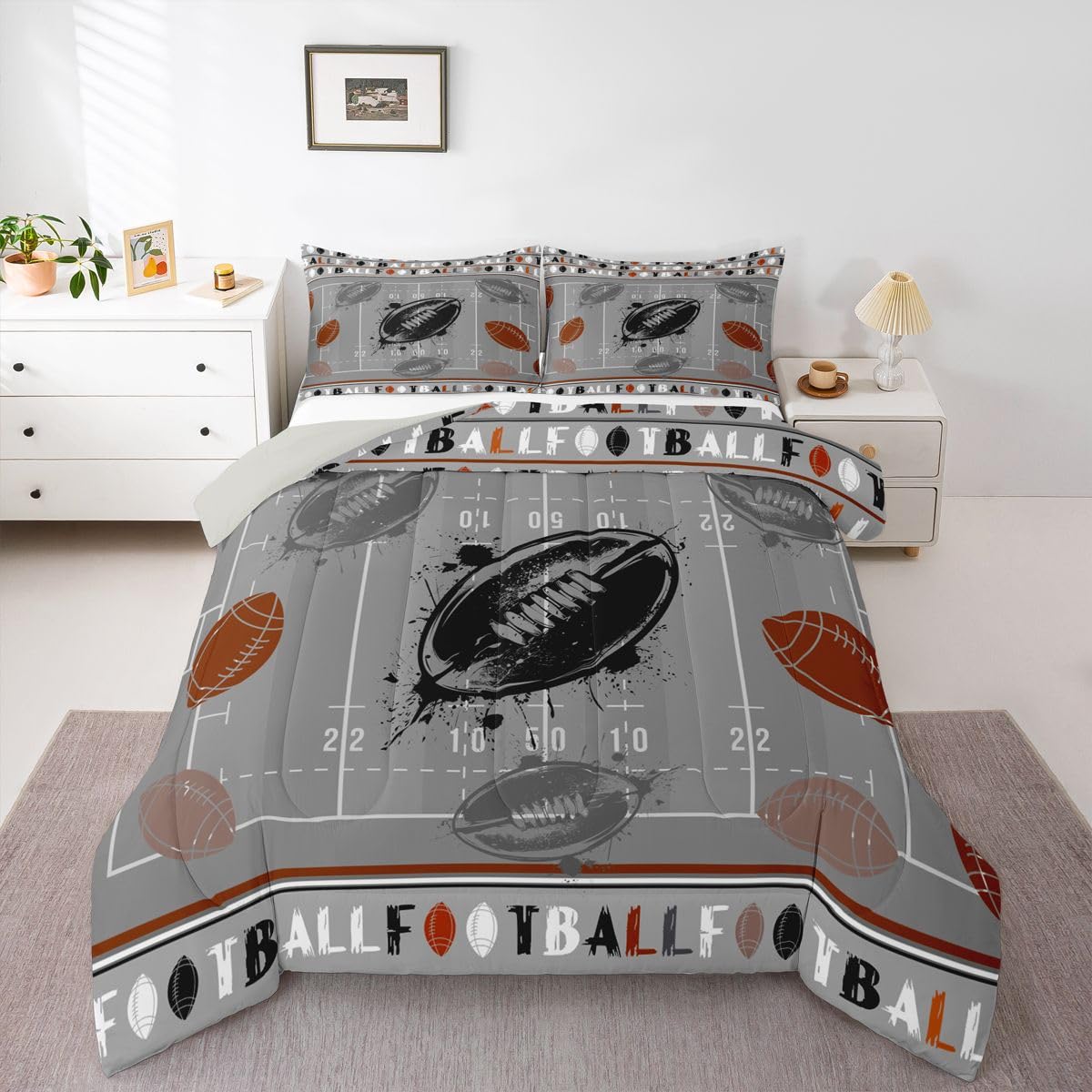Castle Fairy Football Full Size Comforter Set,Boys Ball Sports Games Reversible Bedding Set Bedroom Collection,Gray Field Black Brown Graffiti Soft Quilted Duvet for Girls Teens