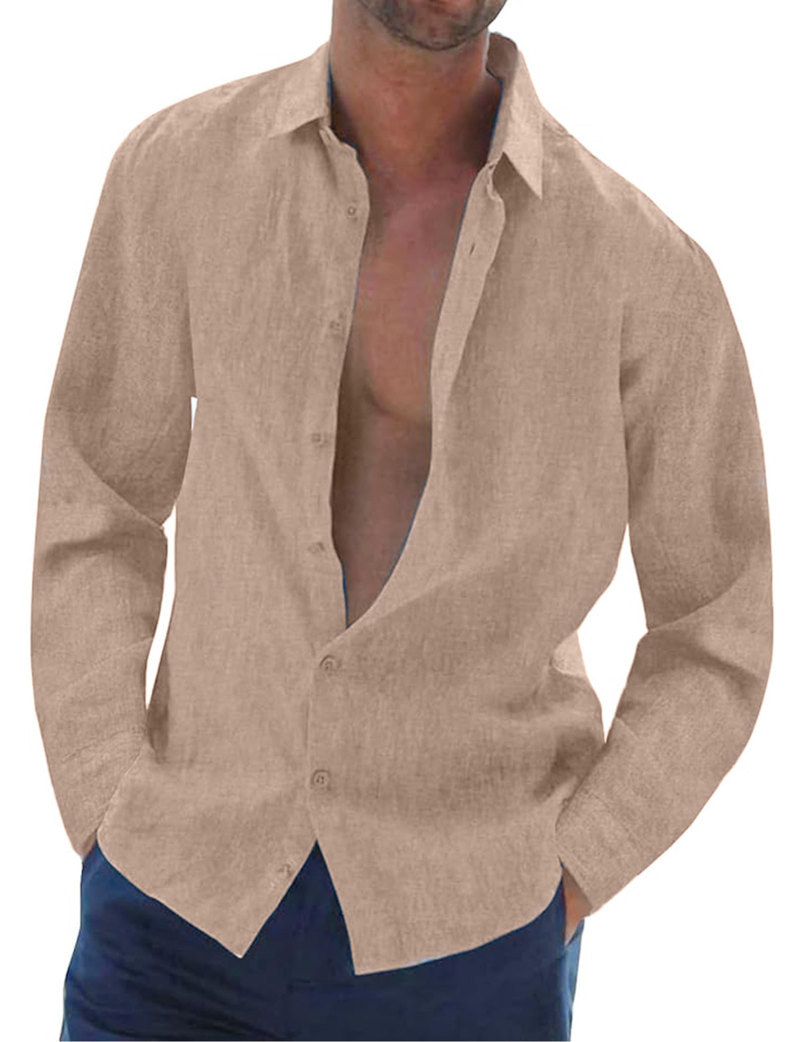 Leinenhemd Herren Langarm Sommer Freizeithemd Baumwolle Leinen Einfarbig Musselin Shirt Strand Oberteile