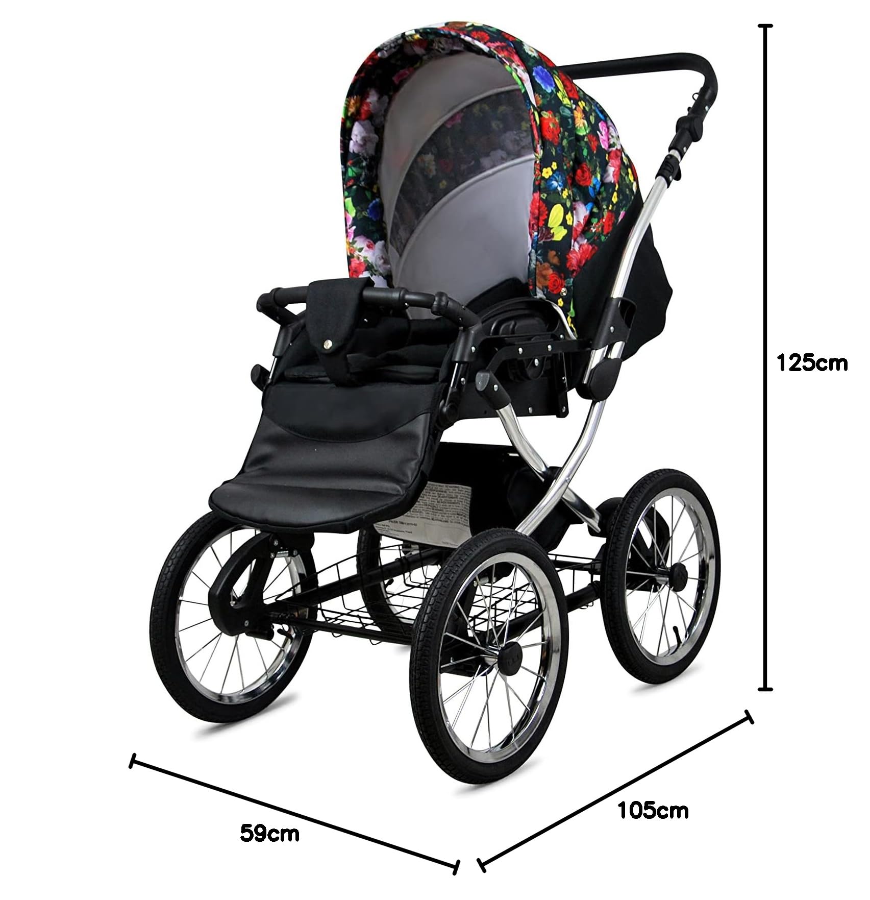 BabyLux ALU 2w1 Wózek dla Malucha – Wózki spacerowe & Wózki dziecięce – Wózek spacerowy dla Noworodka i Malucha – Wózek dla Noworodka – 59x105x125cm – Max 15kg – Garden Flowers Silver Frame