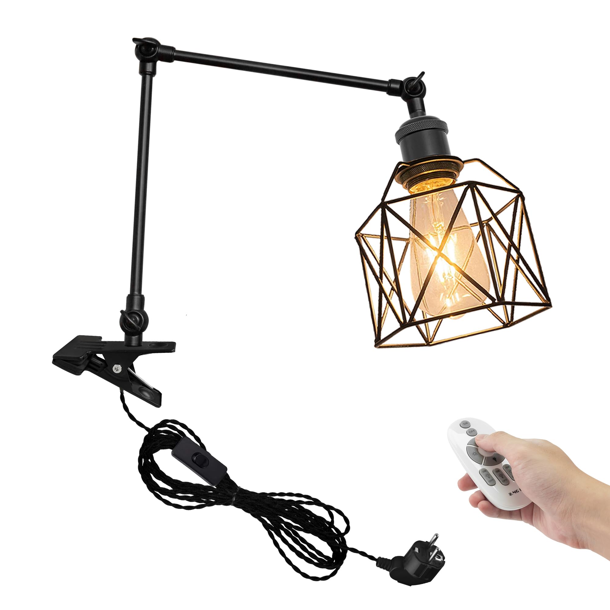Industrial Klemmleuchte mit Fernsteuerung, Einstellbar Clip auf Schreibtisch Leselampe,Dimmbar Clamp Nachttischlampe mit Flexarm für Schreibtisch Nachttisch Regal- TD/0210B
