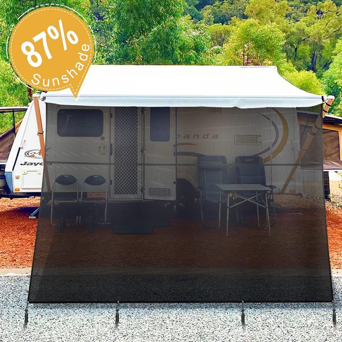 ZXMOTO RV Awning Sun Shade Screen with Zipper, 9'X15' Black Mesh Camper Sunshade RV Awning Accessories, UV Blocker Privacy Screen Complete Kit for Motorhome Camper Travel Trailer Canopy