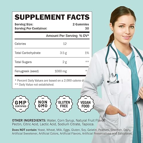 Miniatura 3 de Gomitas de fenogreco de 1000 mg, suplemento de semillas de fenogreco orgánicas puras, apoyo a la lactancia saludable, sin OMG (60 gomitas veganas)
