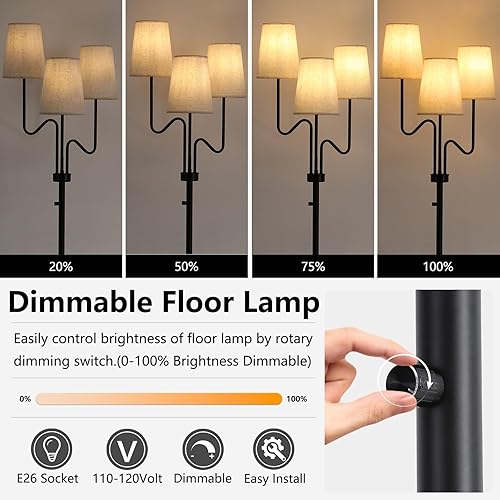 Miniatura 3 de 9MMML Lámpara de pie regulable de granja, lámpara de pie rústica de 3 luces con pantalla de tela, lámpara de pie de 68 pulgadas de alto para sala de