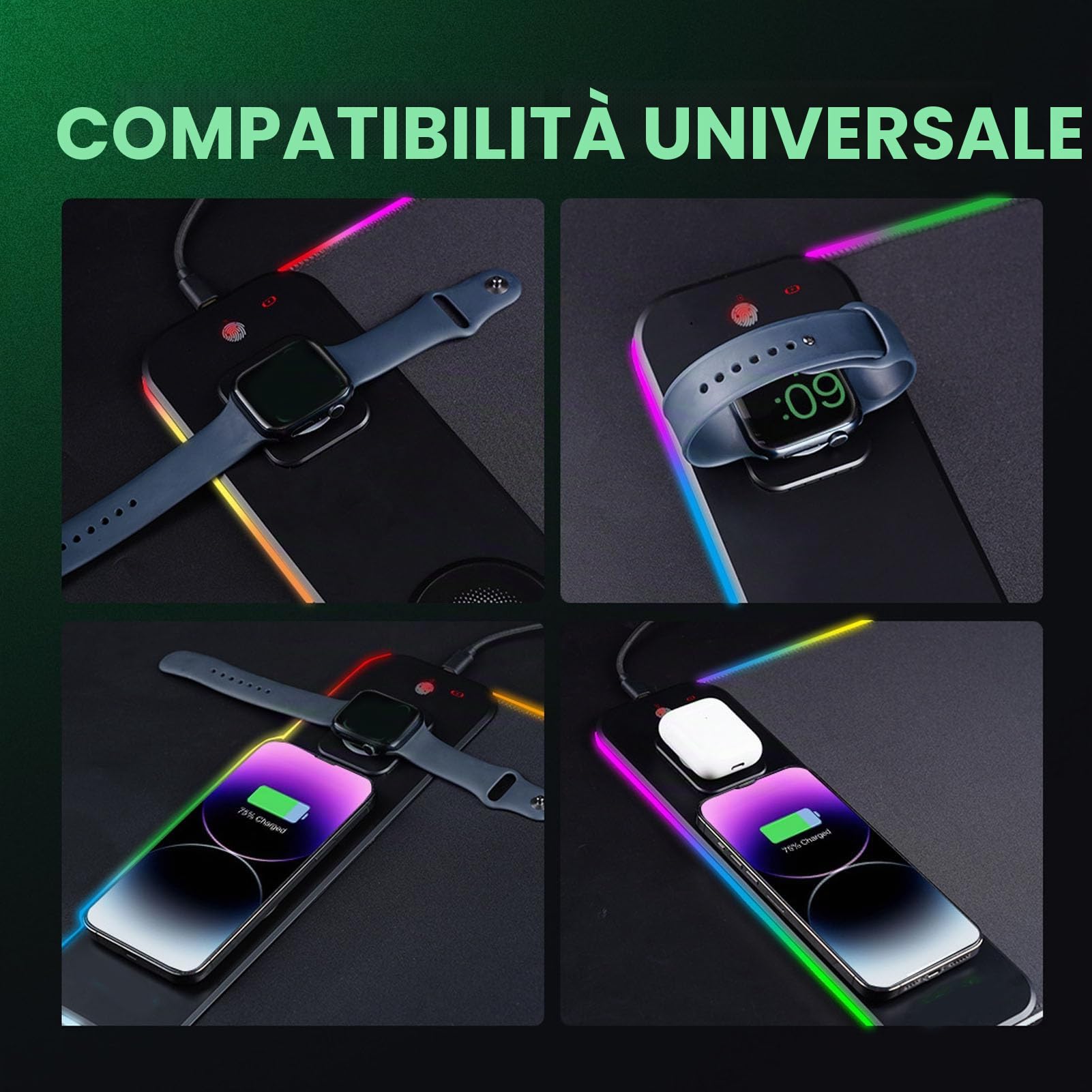 Tappetino Mouse Gaming RGB, Ricarica Wireless 15W Qi Veloce, Base in Gomma Antiscivolo, LED, per PC e Laptop