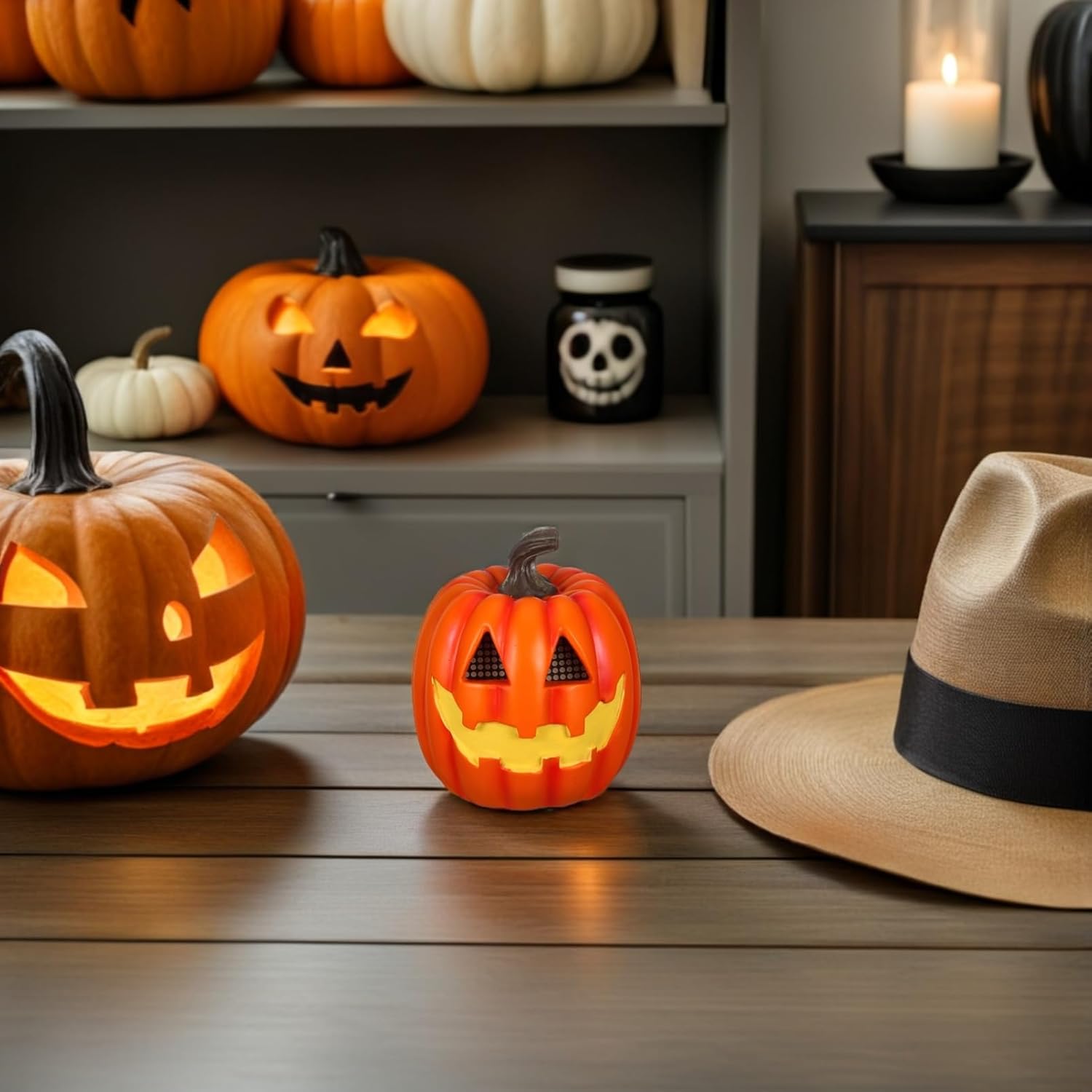 MAGICLULU LED Pumpkin Lantern Light: Realistic Flameless Glowing Jack-O-Lantern - Battery Operated Indoor/Outdoor Decor for Halloween Parties Orange Resin, 6.10 x 5.31 x 5.31 Inch