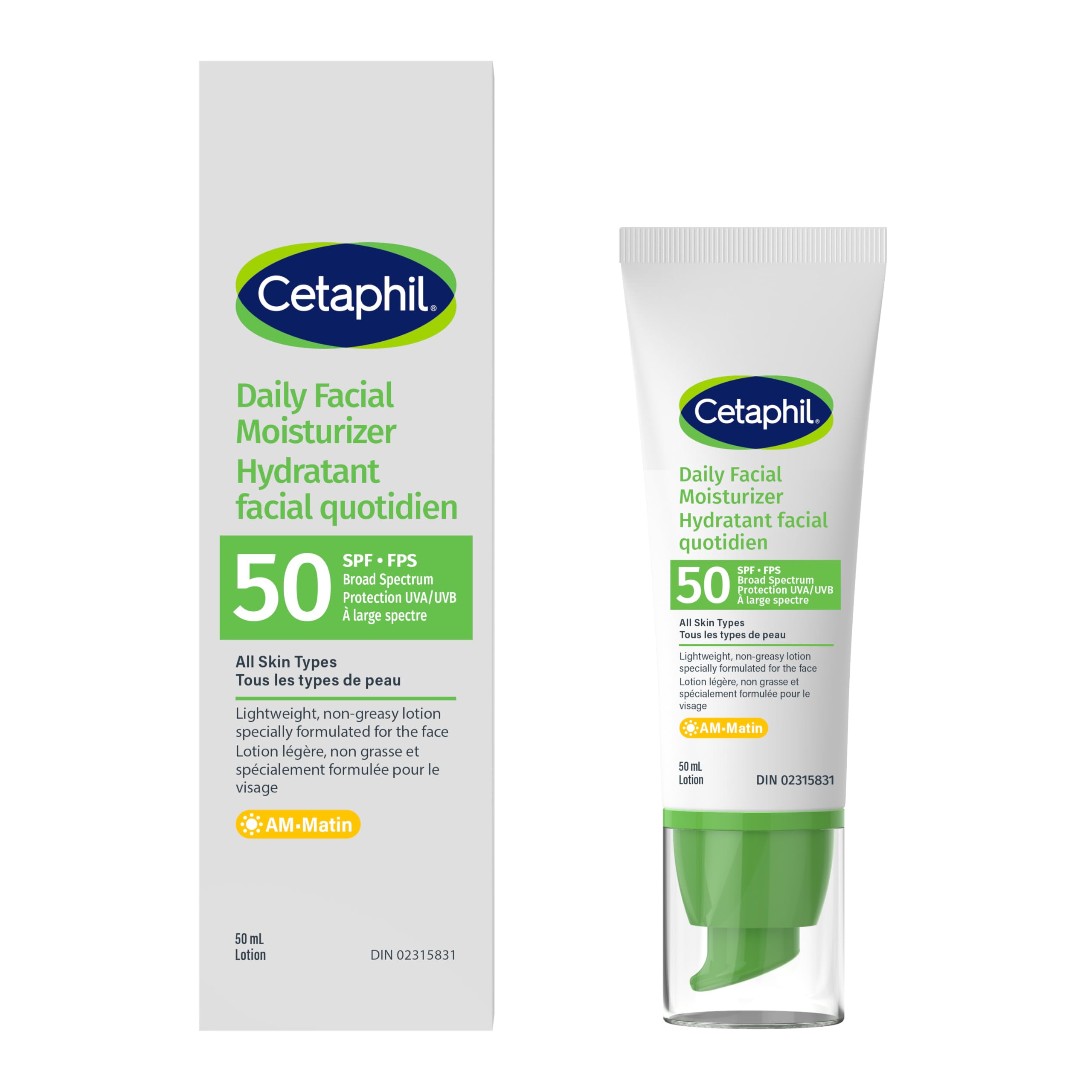 Cetaphil Daily Facial Moisturizer, SPF 50 Gentle Face Lotion for All Skin Types, Light Weight, Oil Free, Dermatologist Recommended Sensitive Skincare, 50ml, Pack of 1