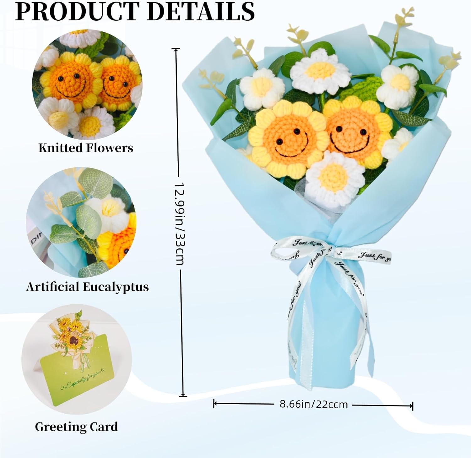 Crochet Flower Bouquet Handmade Knitted Sunflower Artificial Bouquet Positive Crocheted Sunflowers Bouquet with Exquisite Wrap for Valentine Mother's Day Graduation Anniversary（Blue）