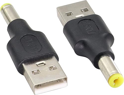 Paquete de 2 adaptadores USB a CC DC5.5 × 0.067 in convertidor de corriente USB 2.0 A macho a CC 5.5×1.0.276 in macho DC 5V barril de alimentación