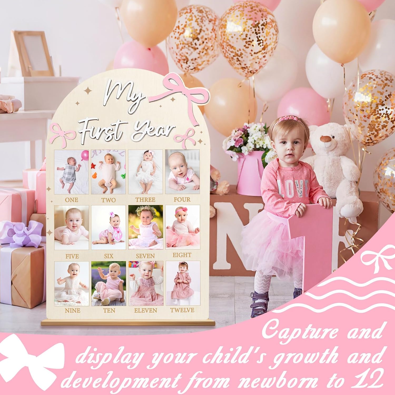 23.6x15.3 Inch Pink Bow My First Year Photo Board Birthday Party Wooden Board Decoration 12 Monthly Milestone Picture Frame One Year Old Sign 1st Banner for Baby Girl Keepsake Gift (Fit 4x3in Pic)