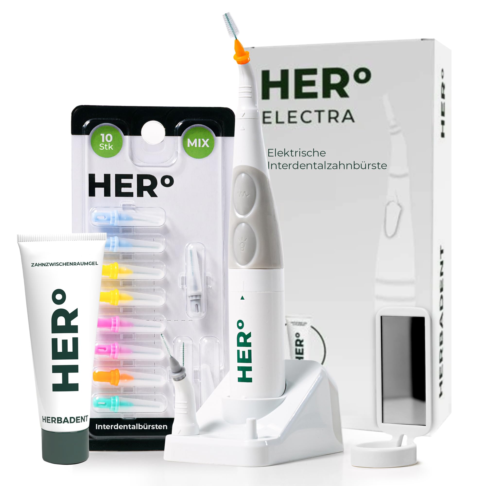 HERo ELECTRA Interdentalbürsten Set-Vibrierende Zahnzwischenraumbürsten mit LED-Licht und Spiegel -11 Wechselbürsten 2 Adapter, Kräuter-Interdentalgel auch für Implantate, Zahnspange