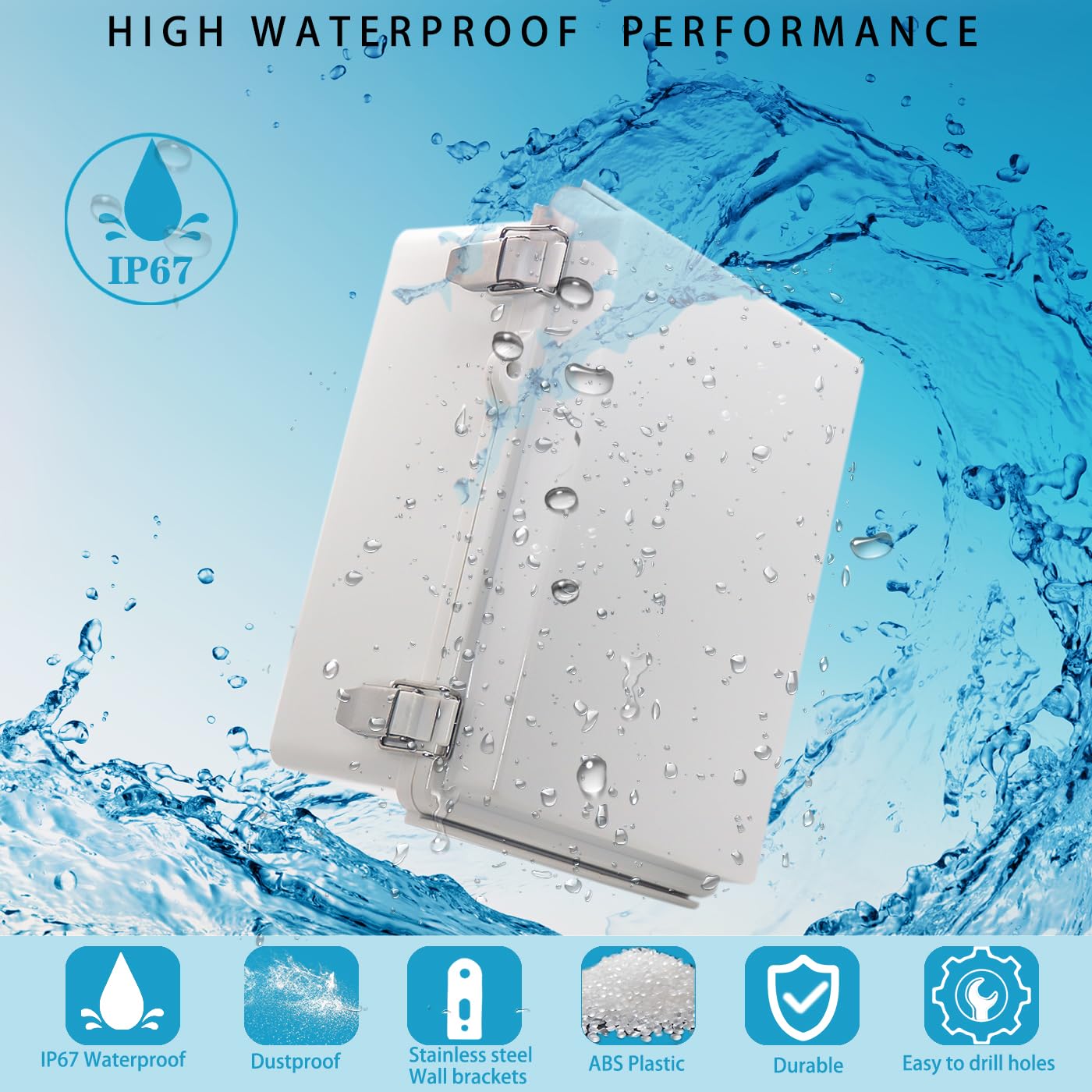 Outdoor Waterproof Electrical Box Junction Box Weatherproof IP67 ABS Plastic Enclosure Switch Router Project Box Electronics DIY Enclosure With Mounting Plate Wall Bracket Grey 8.6"x6.6"x4.3"