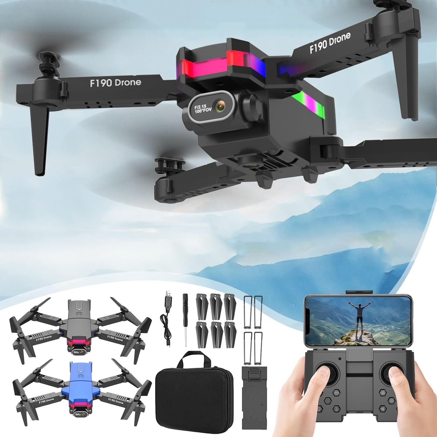 2024 New Pro Drone F190 With 4K Dual HD FPV Camera, RC HD Aerial Photography 2.4GHz WiFi UAV Four-Way Obstacle Avoidance Foldable, Headless Mode, Altitude Hold, Gifts For beginners (BK Single Battery)