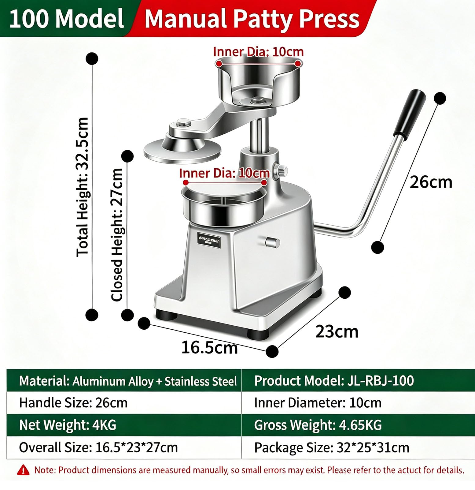 Manuelle Burgerpresse mit langem Hebel, Nicht-Elektrisch, Patty-Former für Rind, Hähnchen und Gemüse, für Zuhause, Imbiss und kleine Küchen,Pressing ⌀100mm