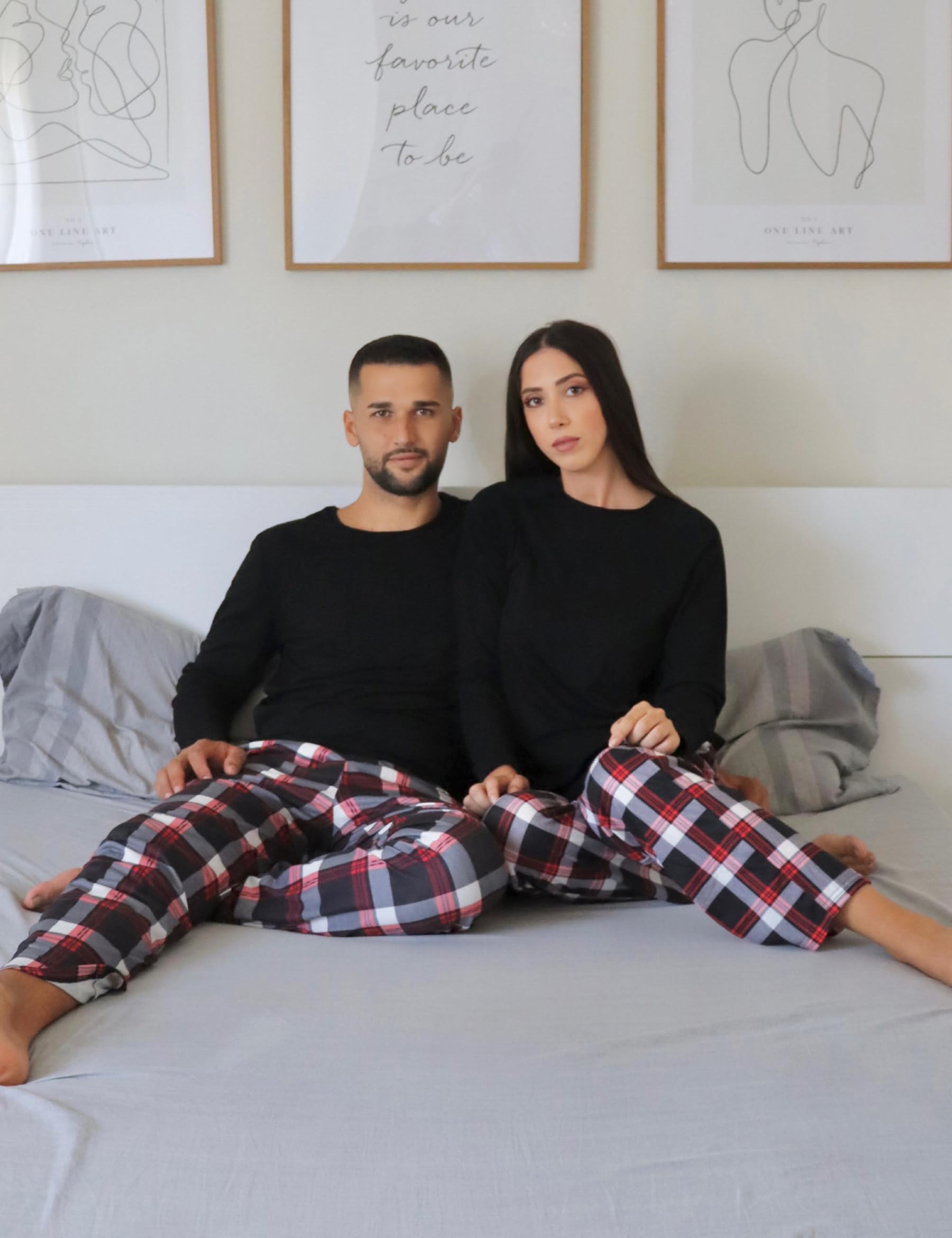 Uniexcosm Pigiama Donna, Pigiama a Quadri Donna Lungo Pigiama da Donna Cotone Leggero con Girocollo Pigiama 2 Pezzi Donna con Tasca Sciolto Accogliente per Casa e Casuale