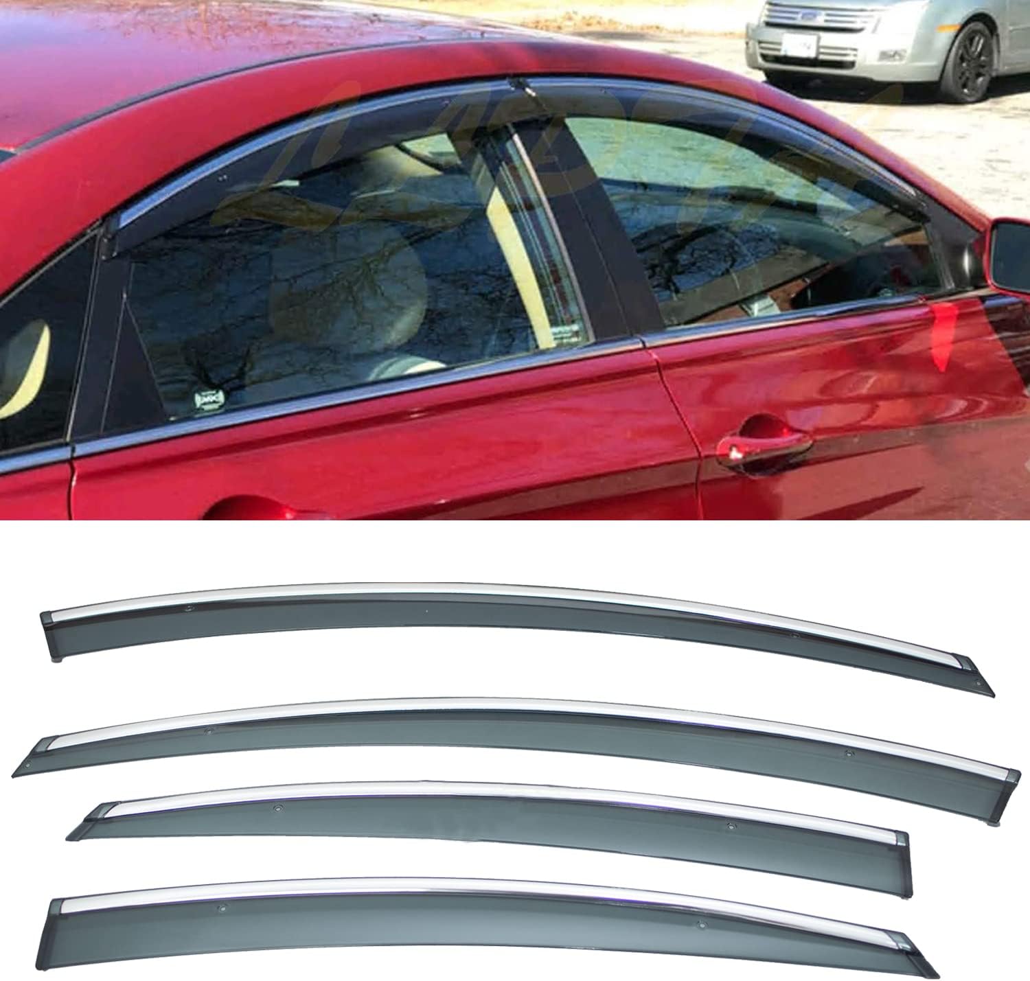 Window Visors Compatible with 11-14 Sonata i45 YF 15 Hybrid 4pcs Smoke Tint with Chrome Trim Outside Mount Tape On/Clip On Style PVC Sun Rain Guard Vent