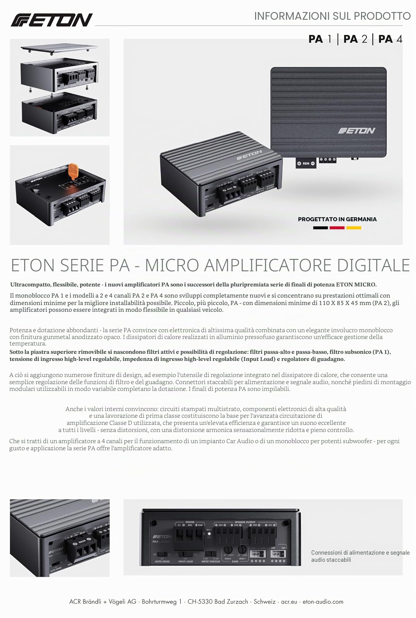 ETON PA 2 - Amplificatore ultra compatto a 2 canali, potente amplificatore digitale micro per auto e camper, classe D da 2 x 85 Watt