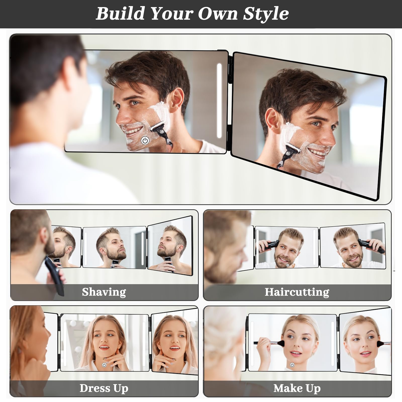 UCAMP Espejo de 360 Grados,Espejo de Tres Vías con LED y Ganchos Ajustables en Altura,Espejo de Afeitar,Espejo Tríptico para Cortes de Cabello,Afeitado,Maquillaje y Peinados,Incluye Lupa 10X