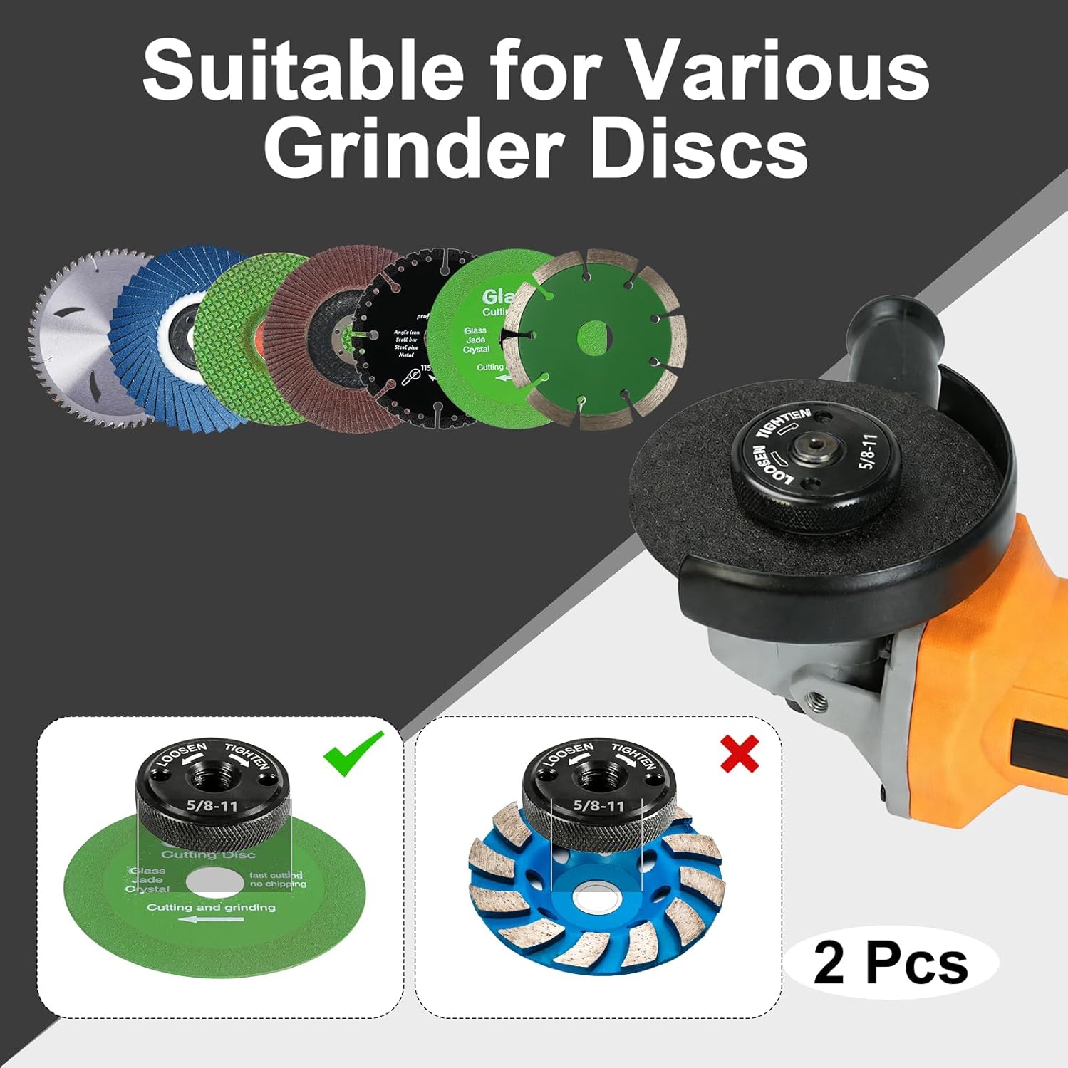 Quick Install & Quick Release Angle Grinder Nut 5/8"-11, 2 PCS Self-Locking Flange Nuts, Tool-Free Grinder Accessories & Attachments for 4-1/2", 5", 7", 9" Angle Grinders