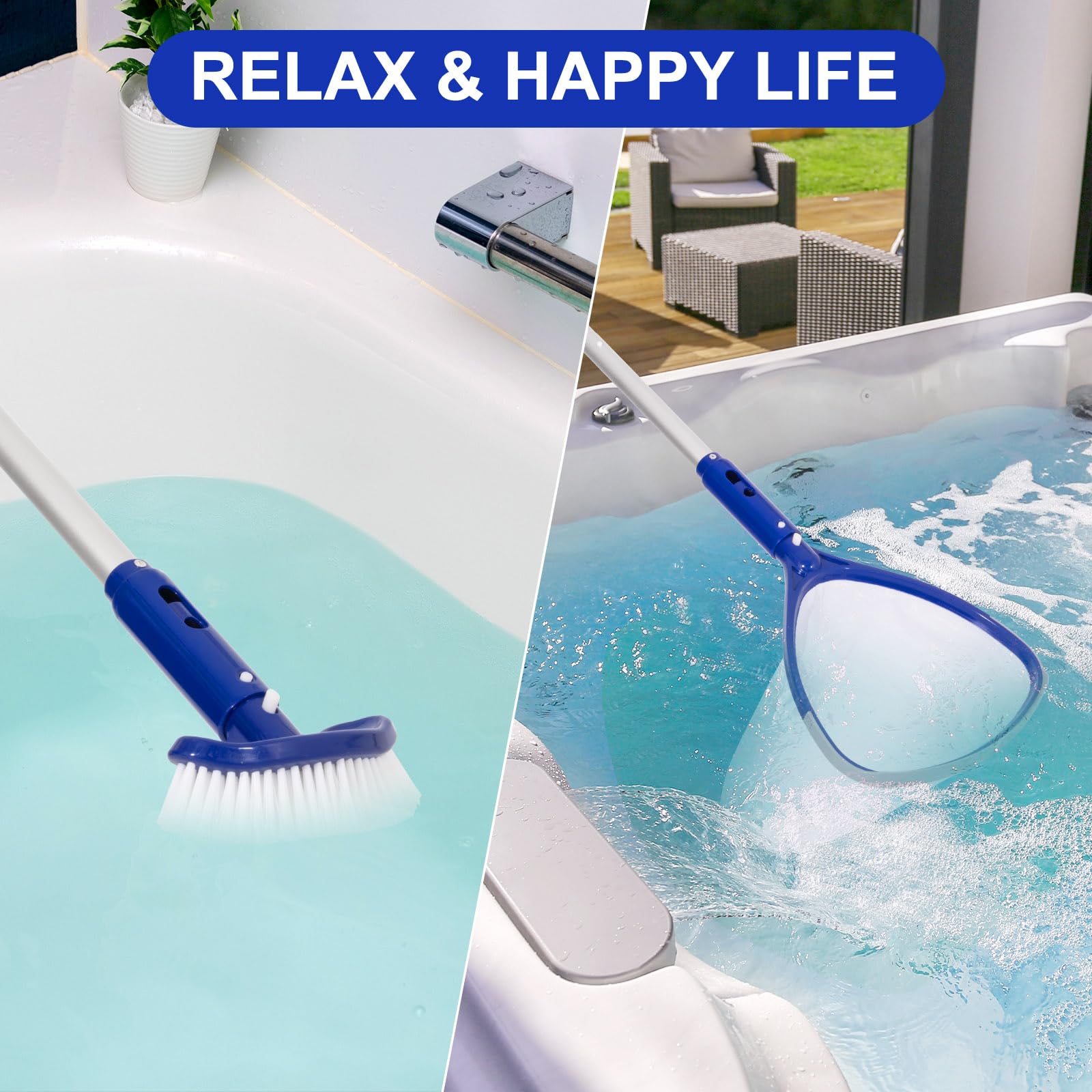 POOLAZA Spa, bañera de hidromasaje, red de skimmer de piscina y cepillo con mango de agarre y poste de piscina de aluminio de 35 pulgadas, red de 9 pulgadas de profundidad, spa de malla fina, bañera