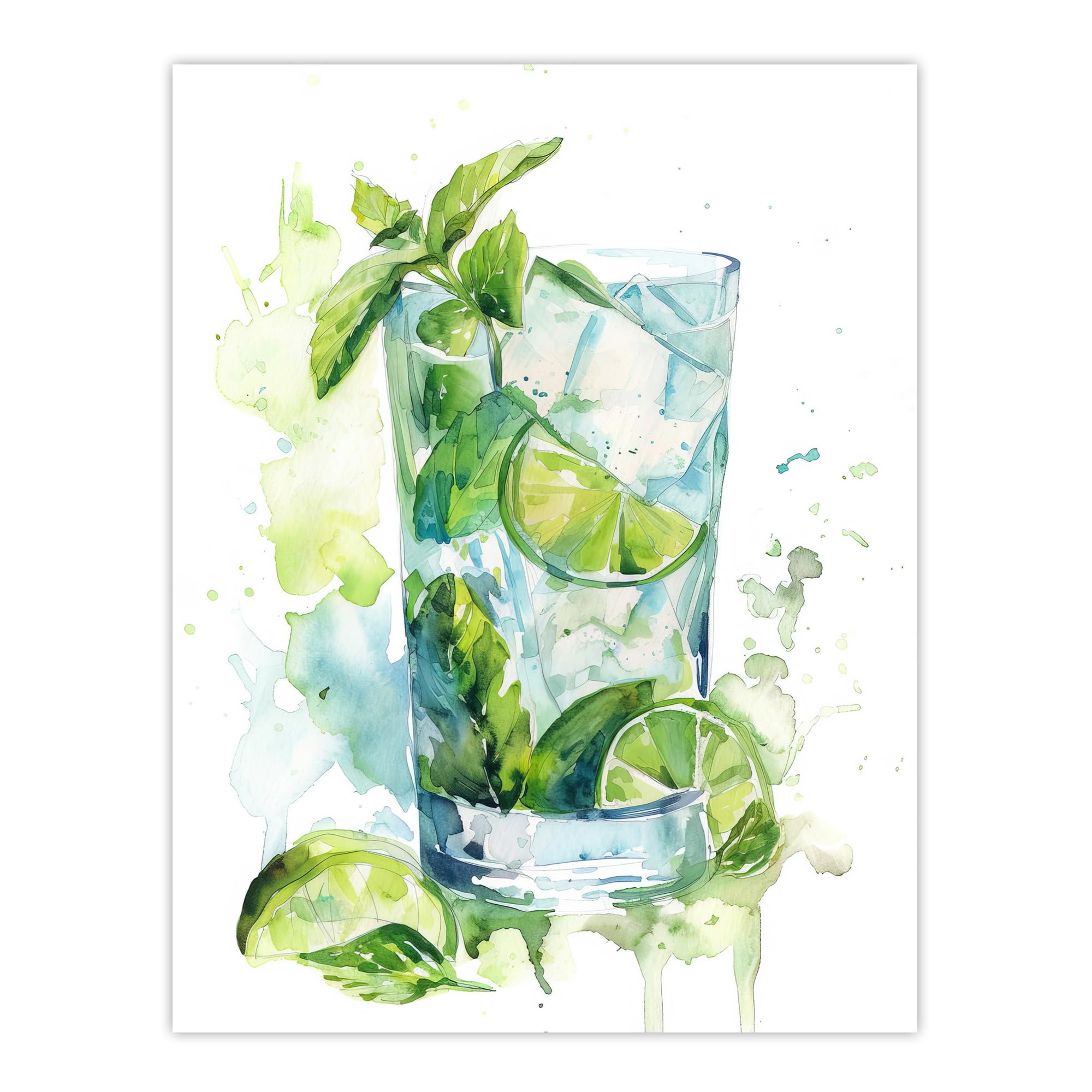 Classic Mojito Cocktail Watercolour Mint Wall Art Print - Green - W24 inch x H32 inch