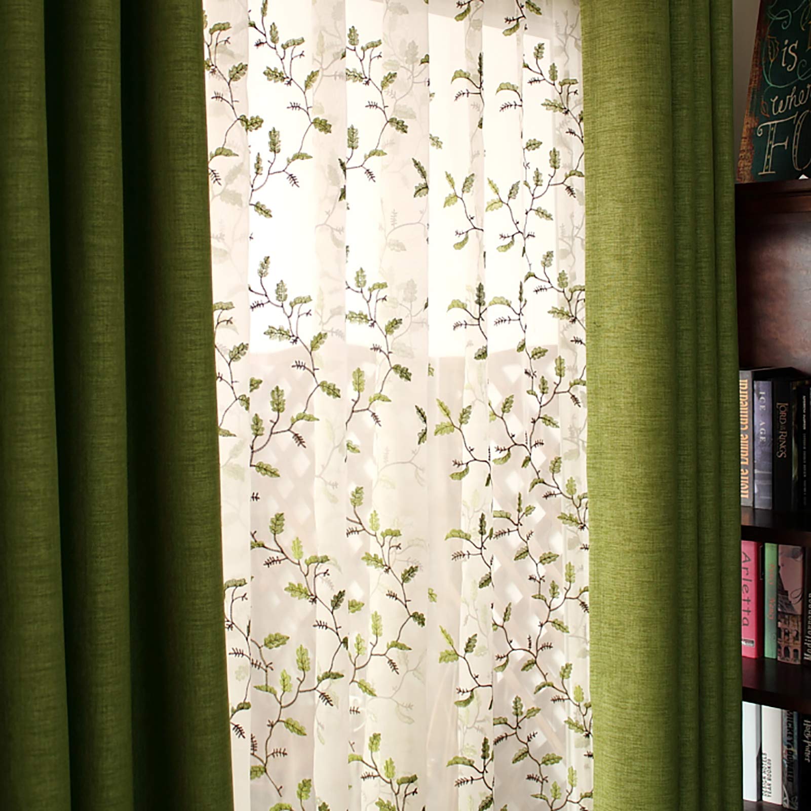 ZZenSmot Style Campagnard Fleur Brodé Rideaux Semi-Transparents,Botanique Feuilles Voile Rideaux pour Domicile Vivant Chambre Décor-A W59*l106inch/1 Panels