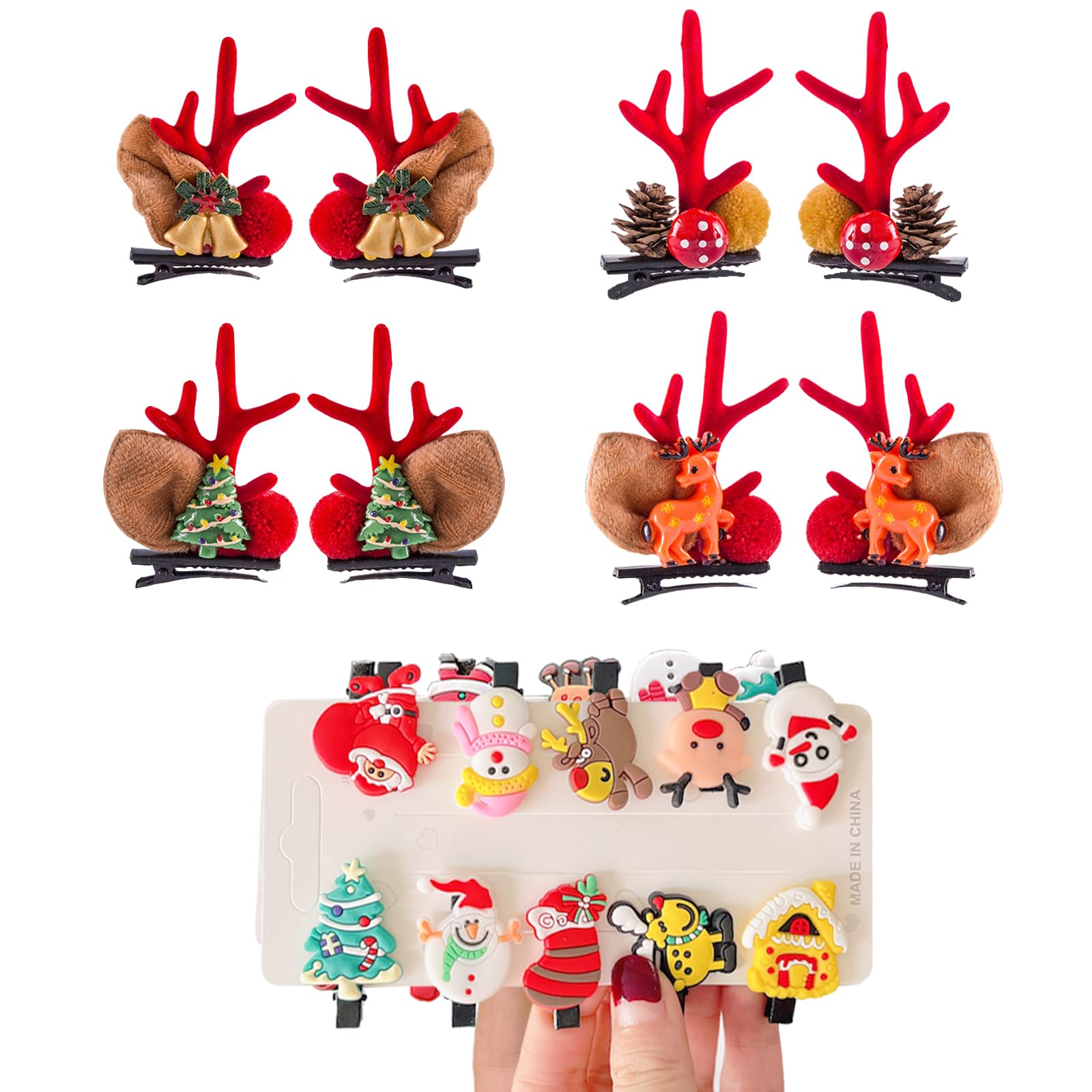 Christmas Reindeer Antler Headband Christmas Tree Hair Clips Set of 18 Including 8PCS Deer Headband Hairpins and 10 PCS Small Mini Xmas Party Clips Accessories Green Forest