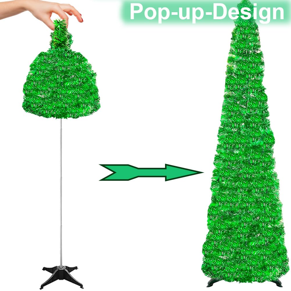 künstlicher Weihnachtsbaum mit Beleuchtung, 150 cm Zusammenlegbarer Aufzieh-Weihnachtsschleierbaum mit 100 farbigen Lichtern, Baumstern und Kugeln für Weihnachtsdeko und Partybedarf – Grün