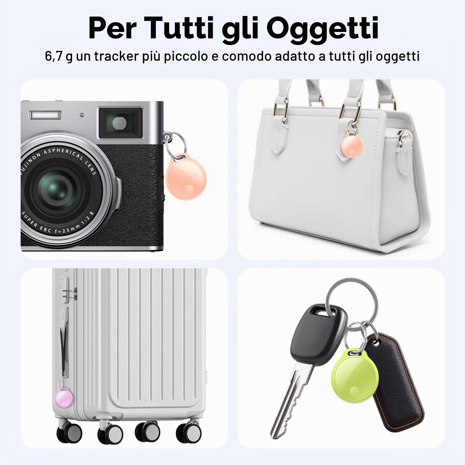 Air Tracker Tag 4 pezzi, Air Tracker Funziona Bluetooth Trova oggetti Compatibile Apple (solo iOS) Localizzatore Chiavi Borse, Bagagli, Zaini, Batteria Sostituibile Rosa,Viola,Verde,Blu