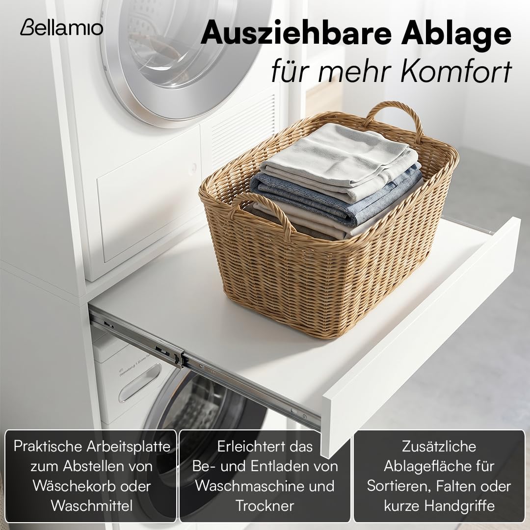 Bellamio Vist Waschmaschine Trockner Schrank – Waschmaschinenschrank mit ausziehbarer Ablagefläche – Waschturm Hochschrank 187x65x66cm mit Wandanschluss – Schrank kompatibel mit Standardgeräten – Weiß