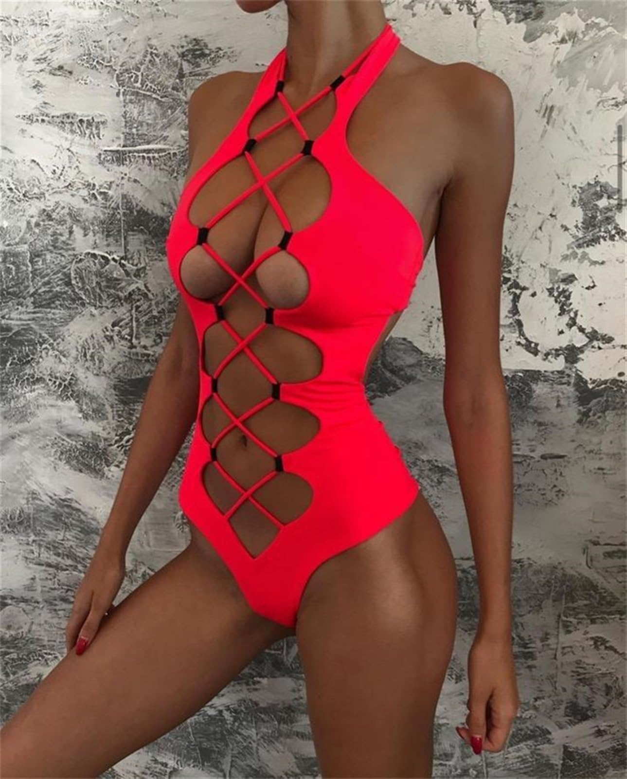 Évider Maillots De Bain Femmes Col Haut Solide Noir Découpé Dos Nu Monokini Bandage Maillot De Bain Vacances Une Pièce Maillot De Bain