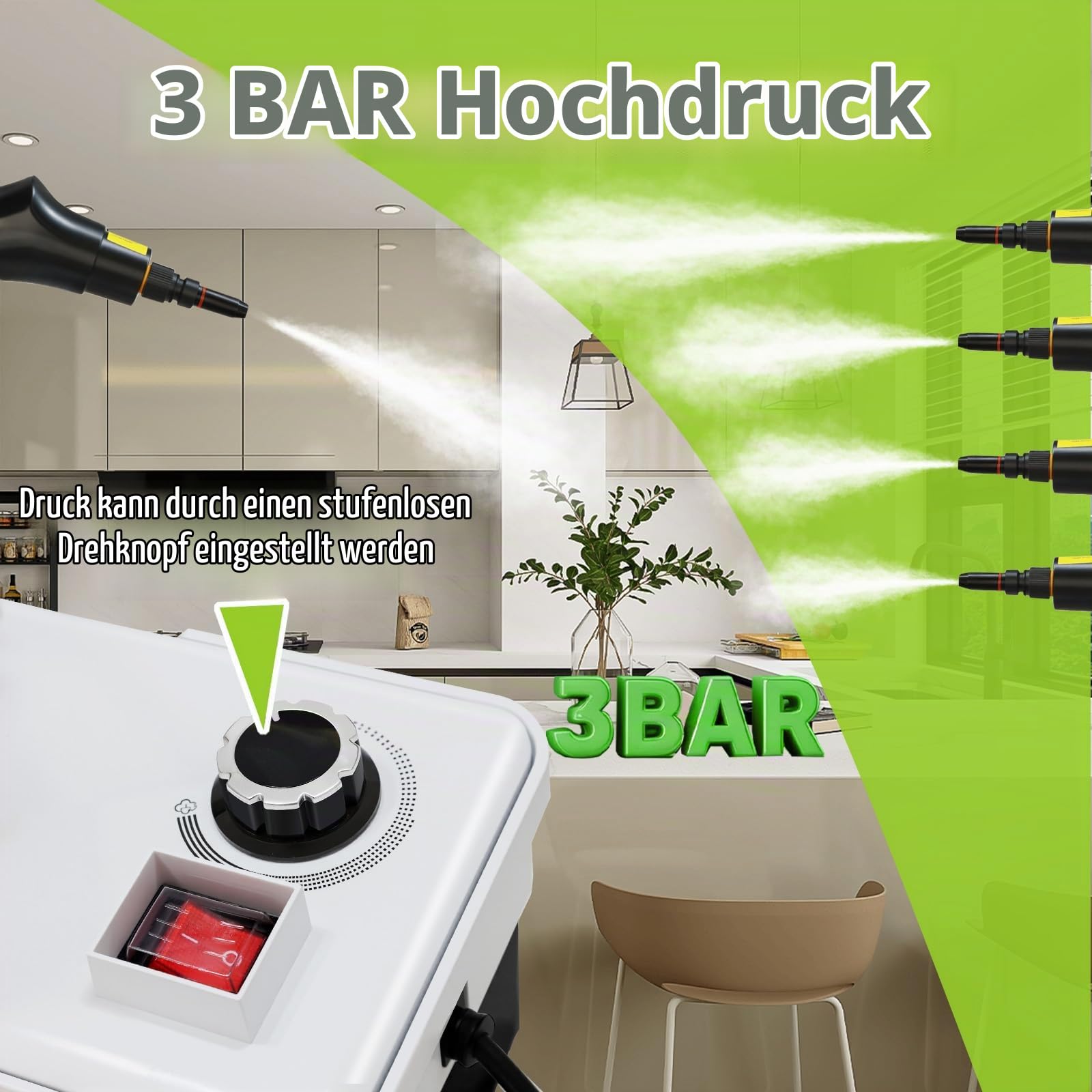 Dampfreiniger Handgerät gegen Fett, Schmutz und Verunreinigungen Dampfdruck 3 bar Leistung 1950 W Wassertank 1600ML Dampfreiniger Polstermöbel ohne Chemikalien Steam Cleaner für Auto, Küche