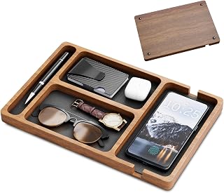 Bandeja de valet de madera con incrustación de cuero, organizador de nocturno de compartimento 12x8 para hombres, captando todo bandeja para llaves, teléfono, billetera, reloj, auriculares para el re