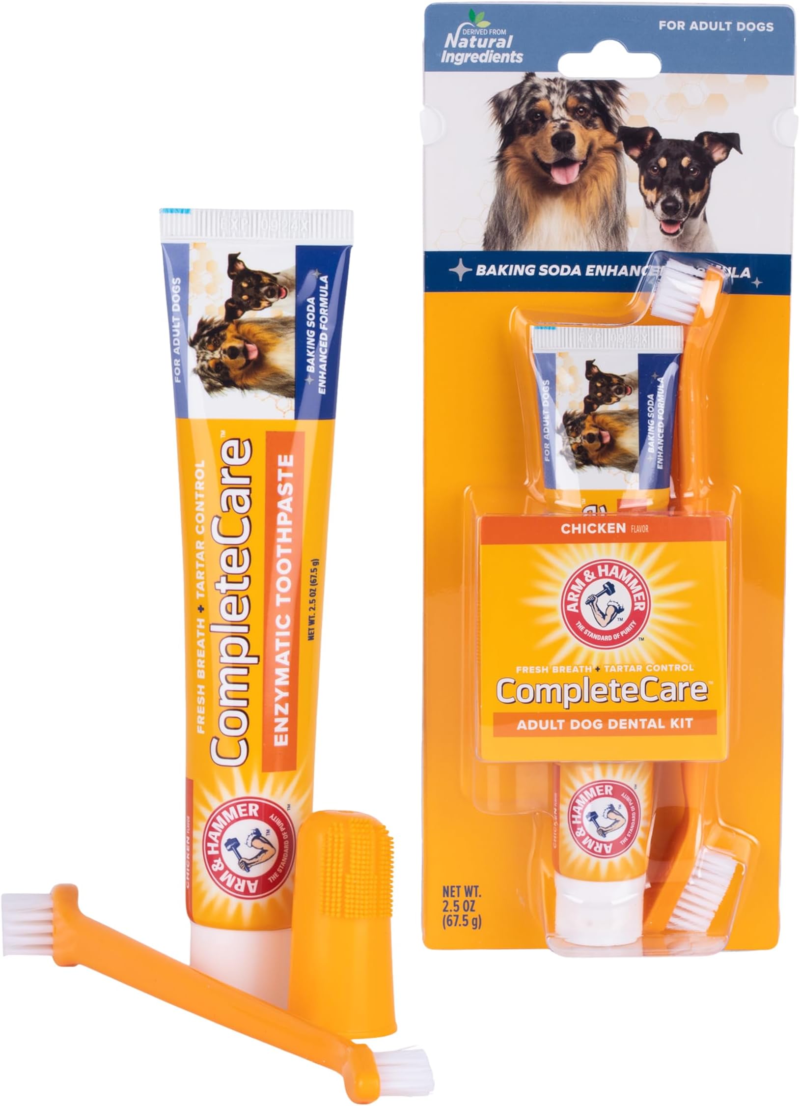 Arm & Hammer Complete Care Dog Dental Kit - 2.5oz Chicken Flavored Dog Toothpaste, Double Side Toothbrush, Rubber Finger Brush - Baking Soda Enhanced Formula