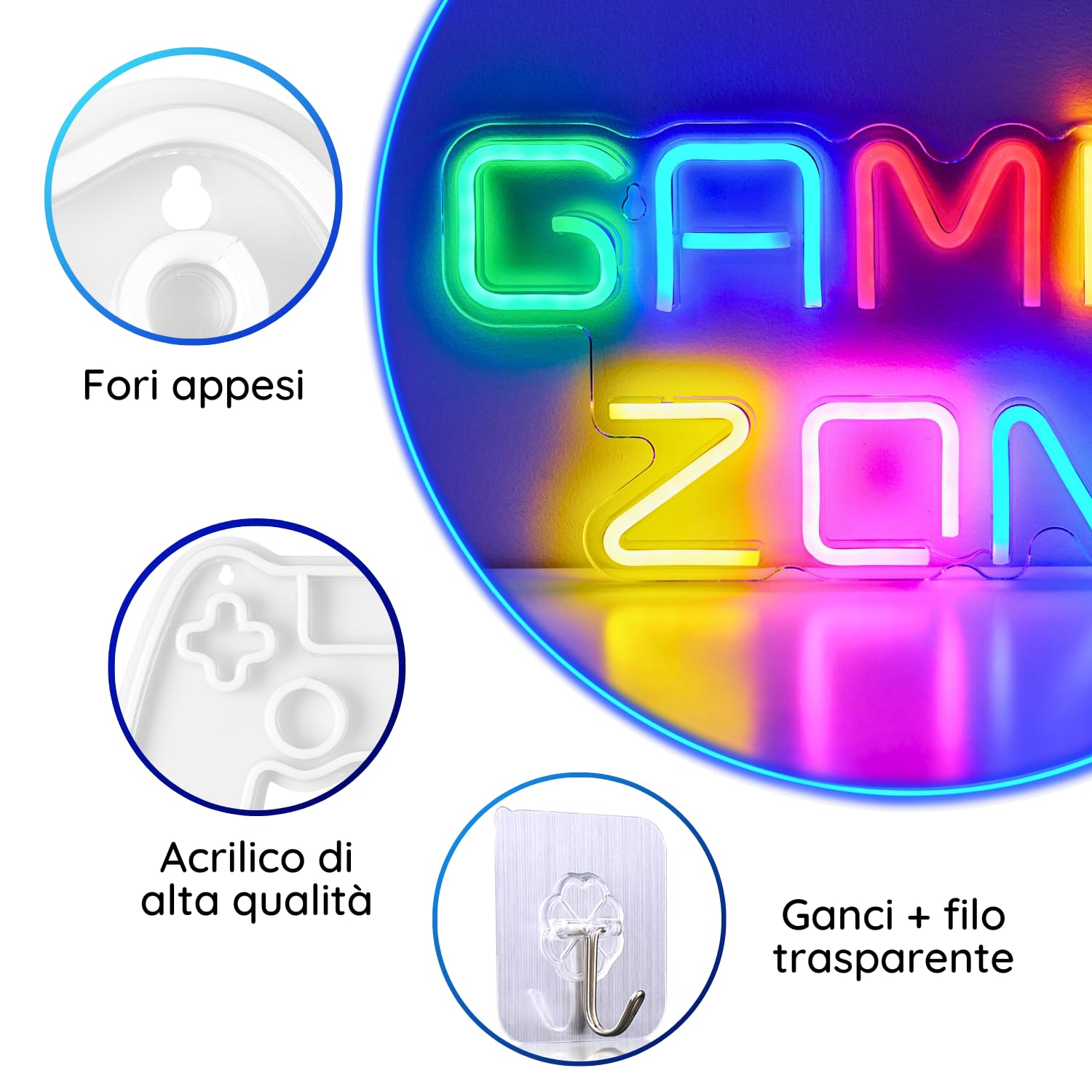 Luci Neon LED Gaming Zone Lampada Neon Parete Gamer, Insegna Luminosa LED Camera Decorazioni Gaming Room Muro, Scritta Neon, Luce Insigne Luminose. Connettore USB con Dimmer